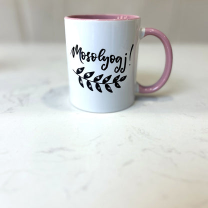 Mosolyogj! motivációs bögre, rózsaszín, MonikArt